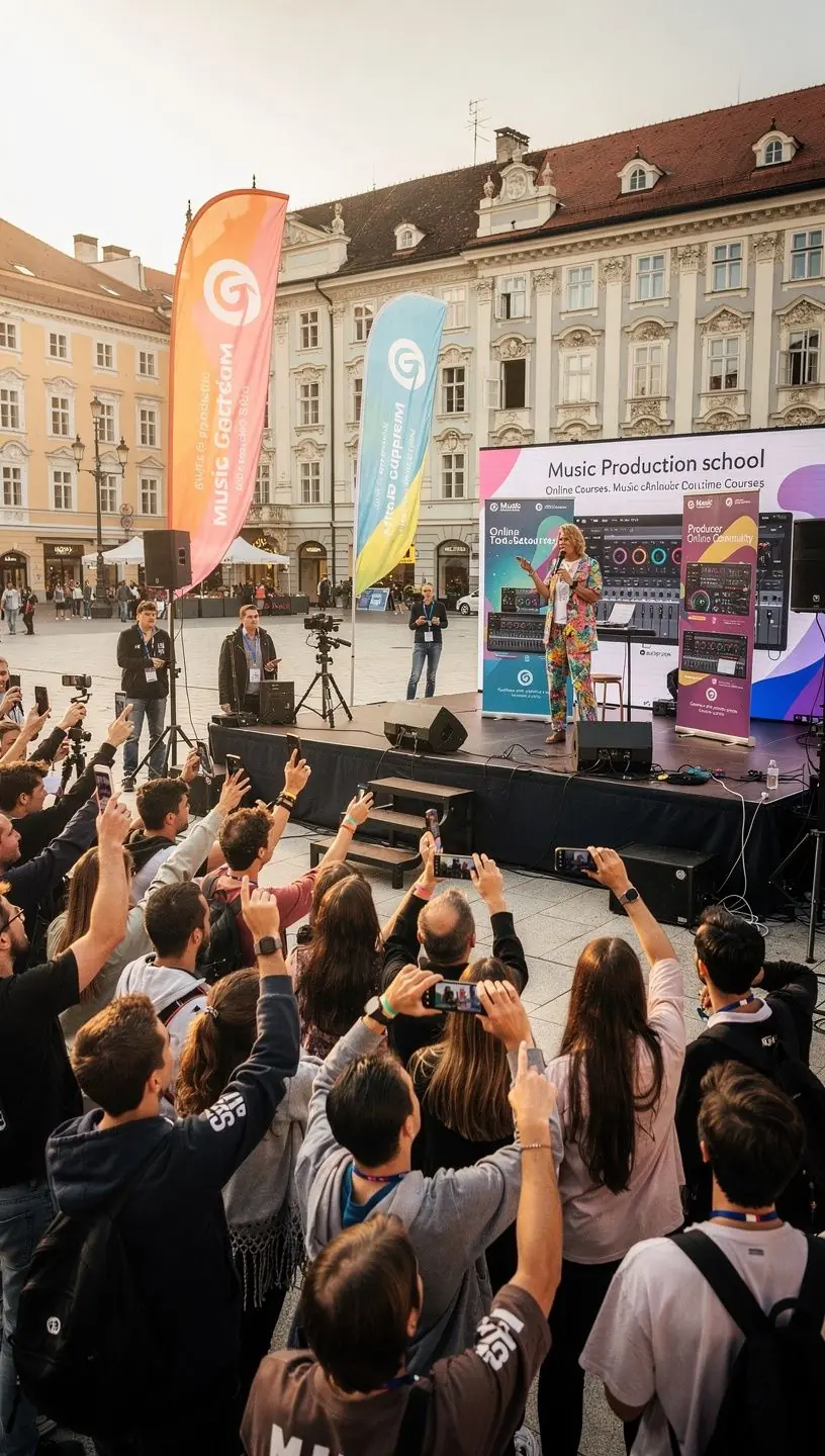 Ein Lehrer erklärt die Grundlagen der Musikproduktion vor einer Gruppe von Studenten.