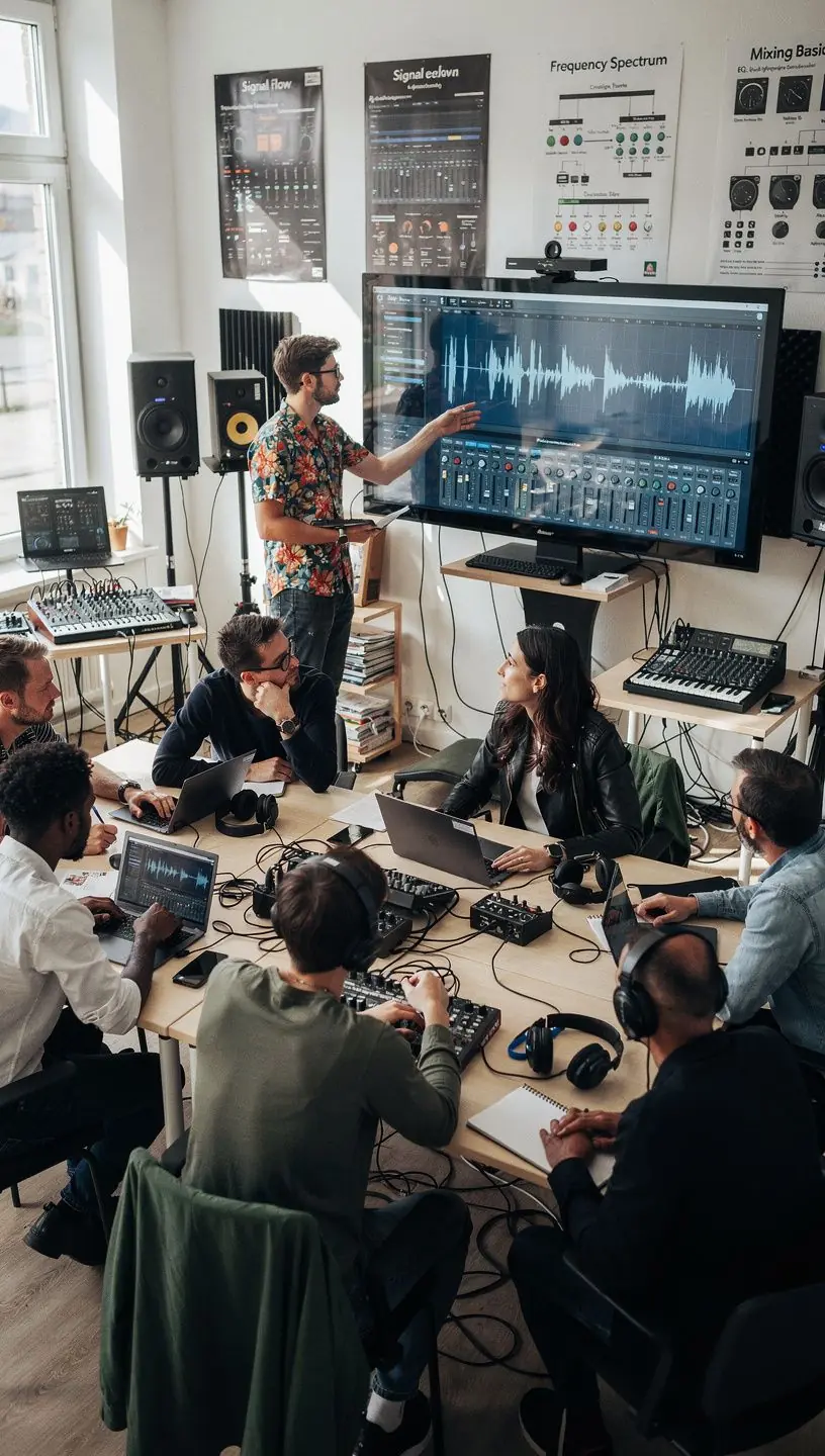 Ein Computerbildschirm zeigt komplexe Audiowellen und Mixing-Software in Aktion.