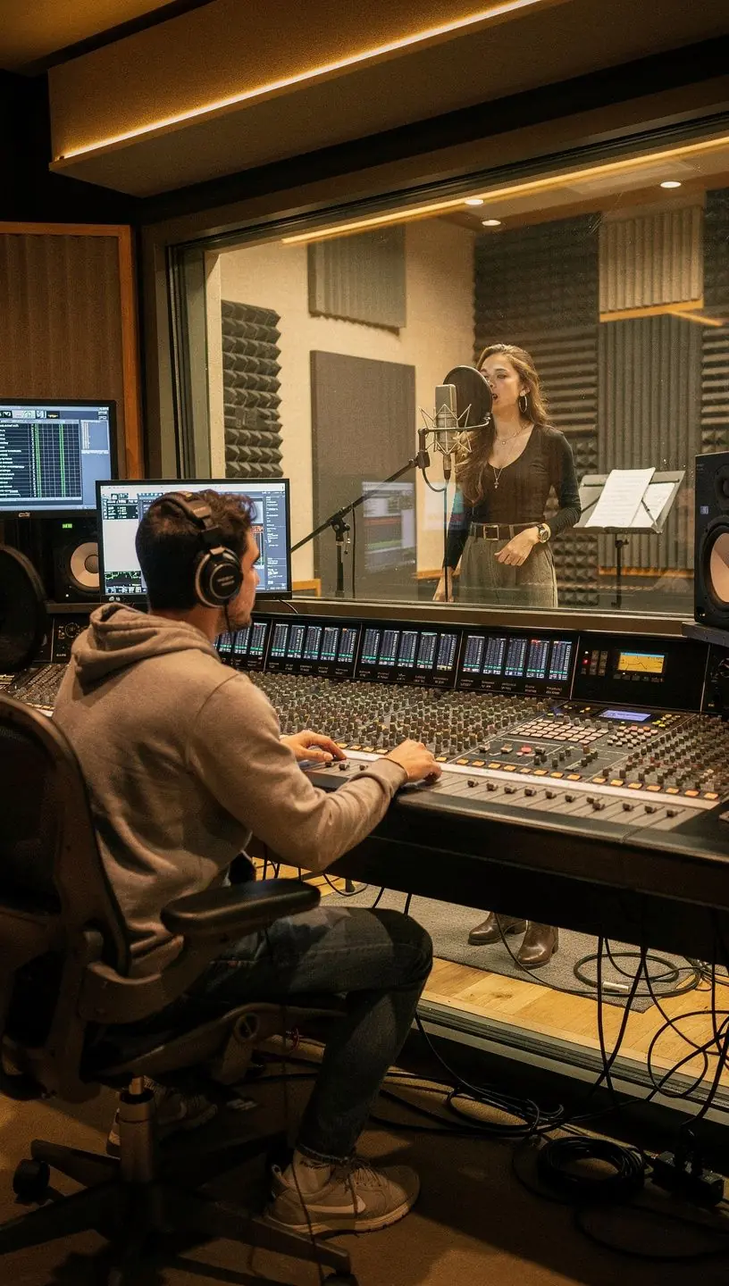 Ein Computerbildschirm zeigt komplexe Audiowellen und Mixing-Software in Aktion.