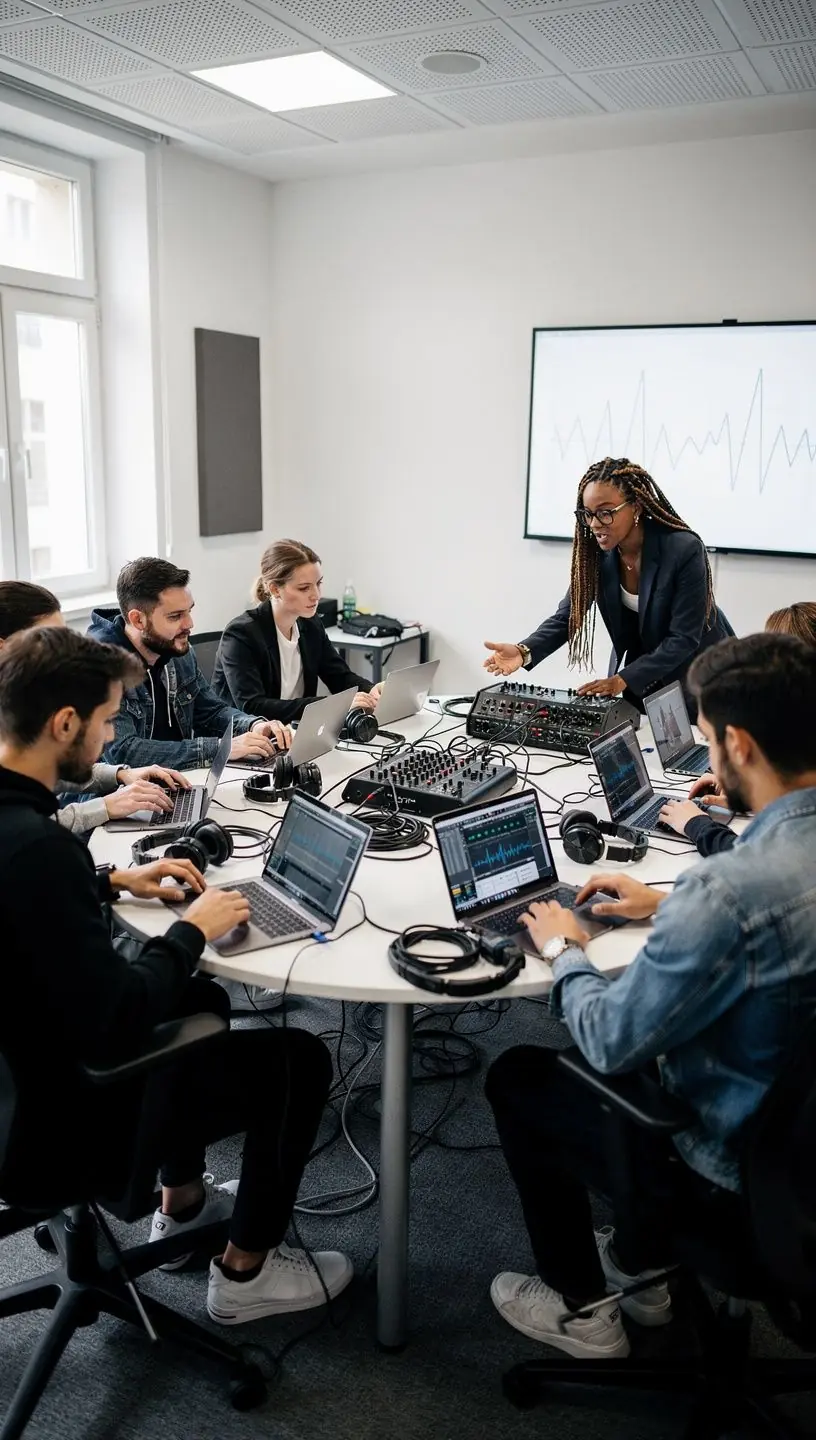 Ein Computerbildschirm zeigt komplexe Audiowellen und Mixing-Software in Aktion.