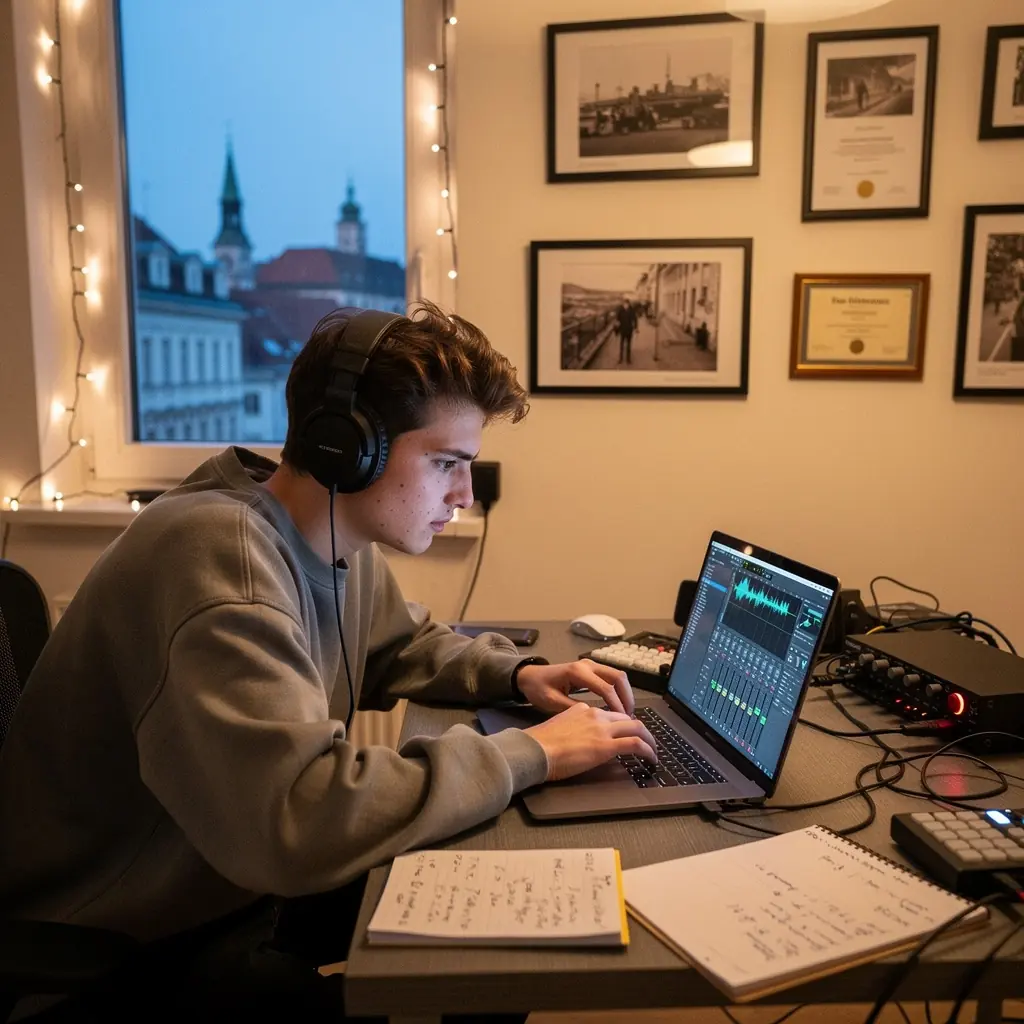 Ein Schüler arbeitet an einem digitalen Mischpult in einem modernen Aufnahmestudio.